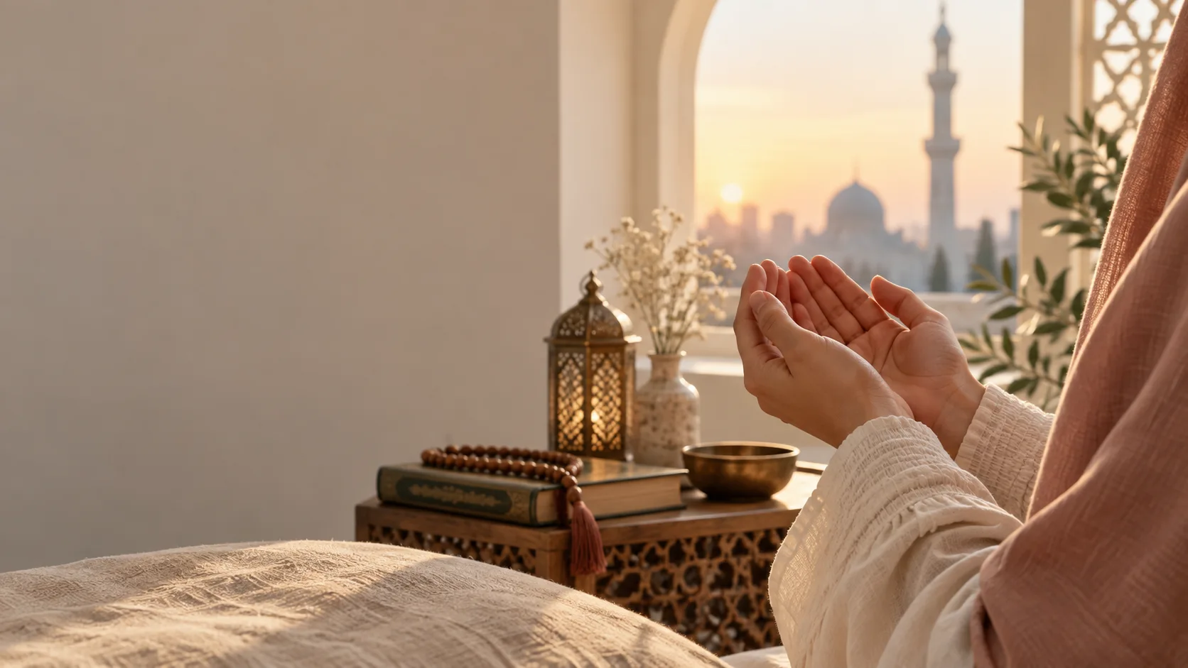 Hands raised in dua beside a window in warm morning light