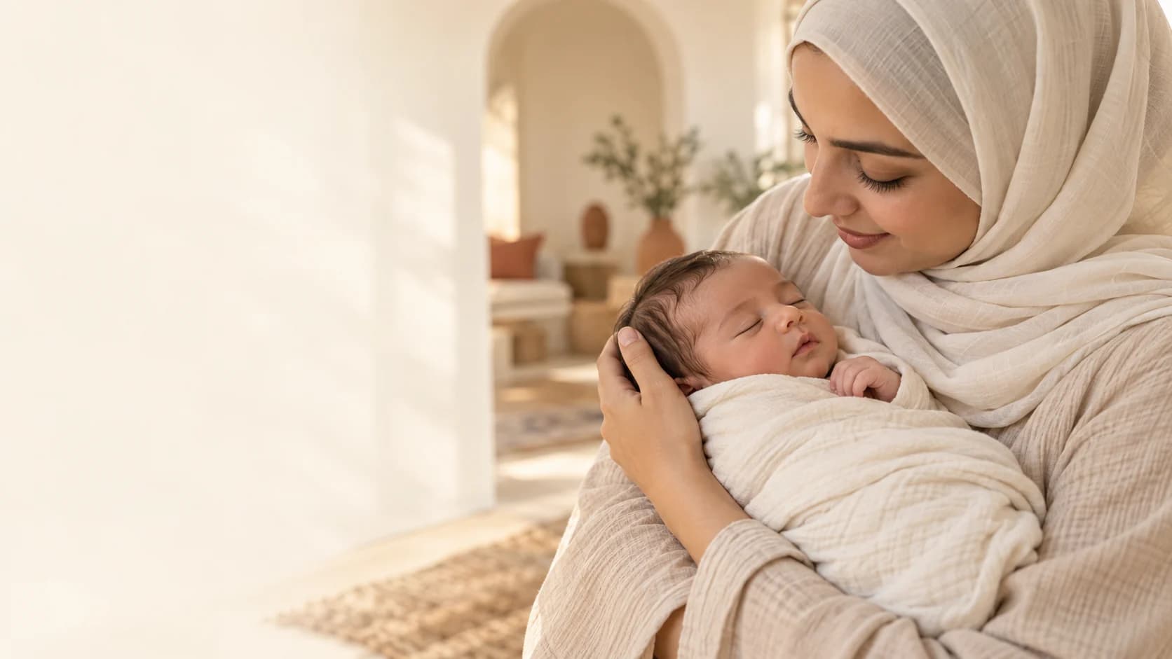 A mother in an ivory hijab holding her sleeping newborn