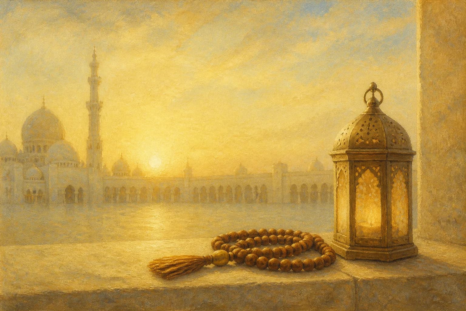Prayer beads and a glowing lantern overlooking a mosque courtyard