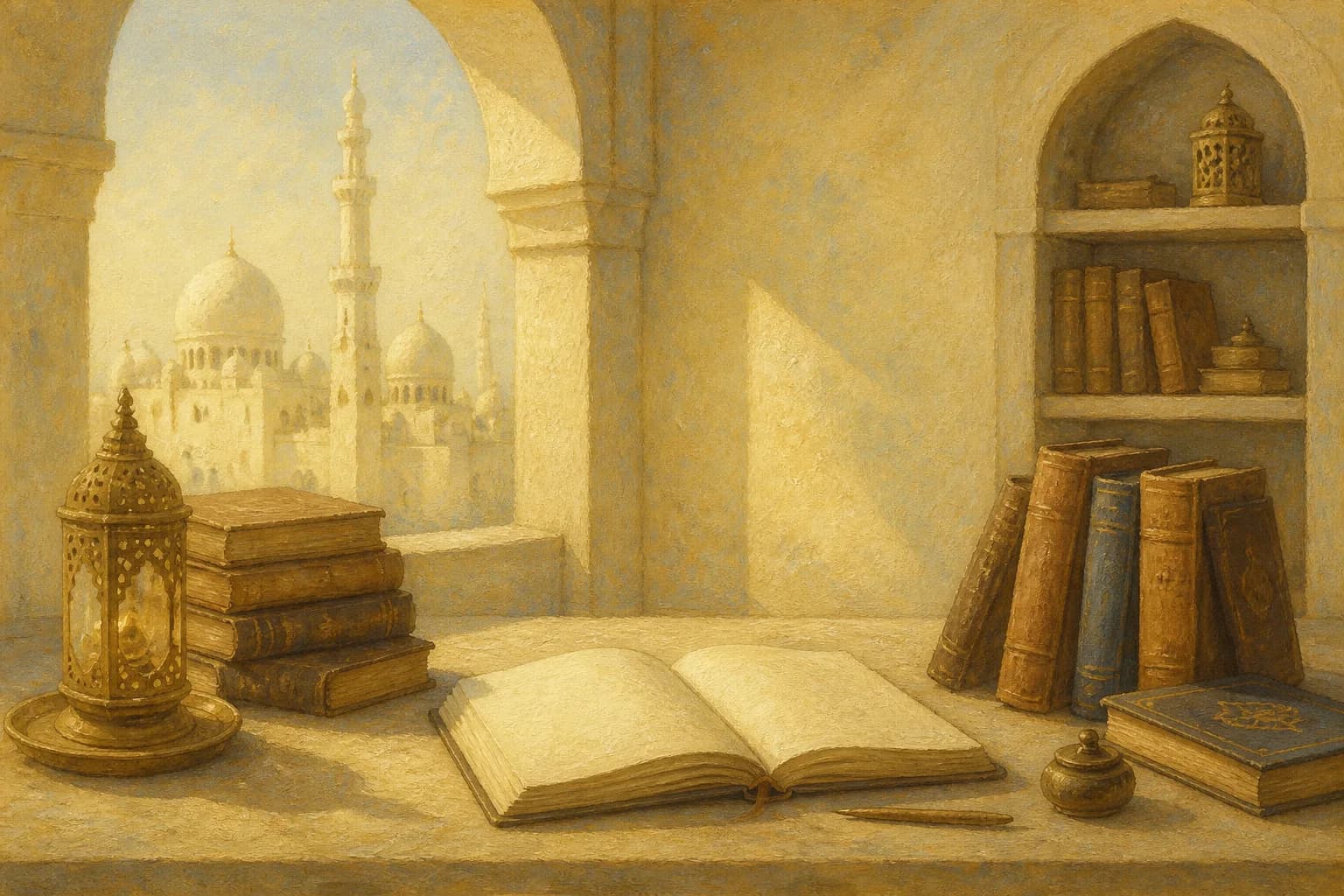 Classical Islamic study books and an open notebook in a library alcove