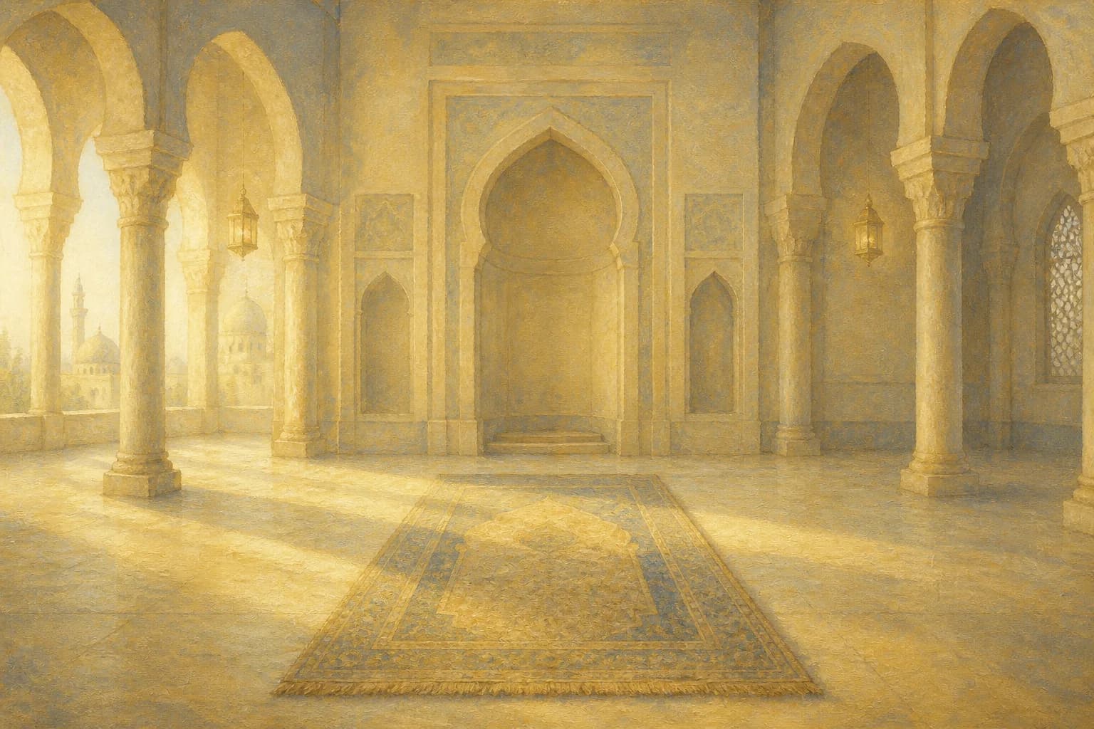 A prayer rug facing a softly lit mosque mihrab