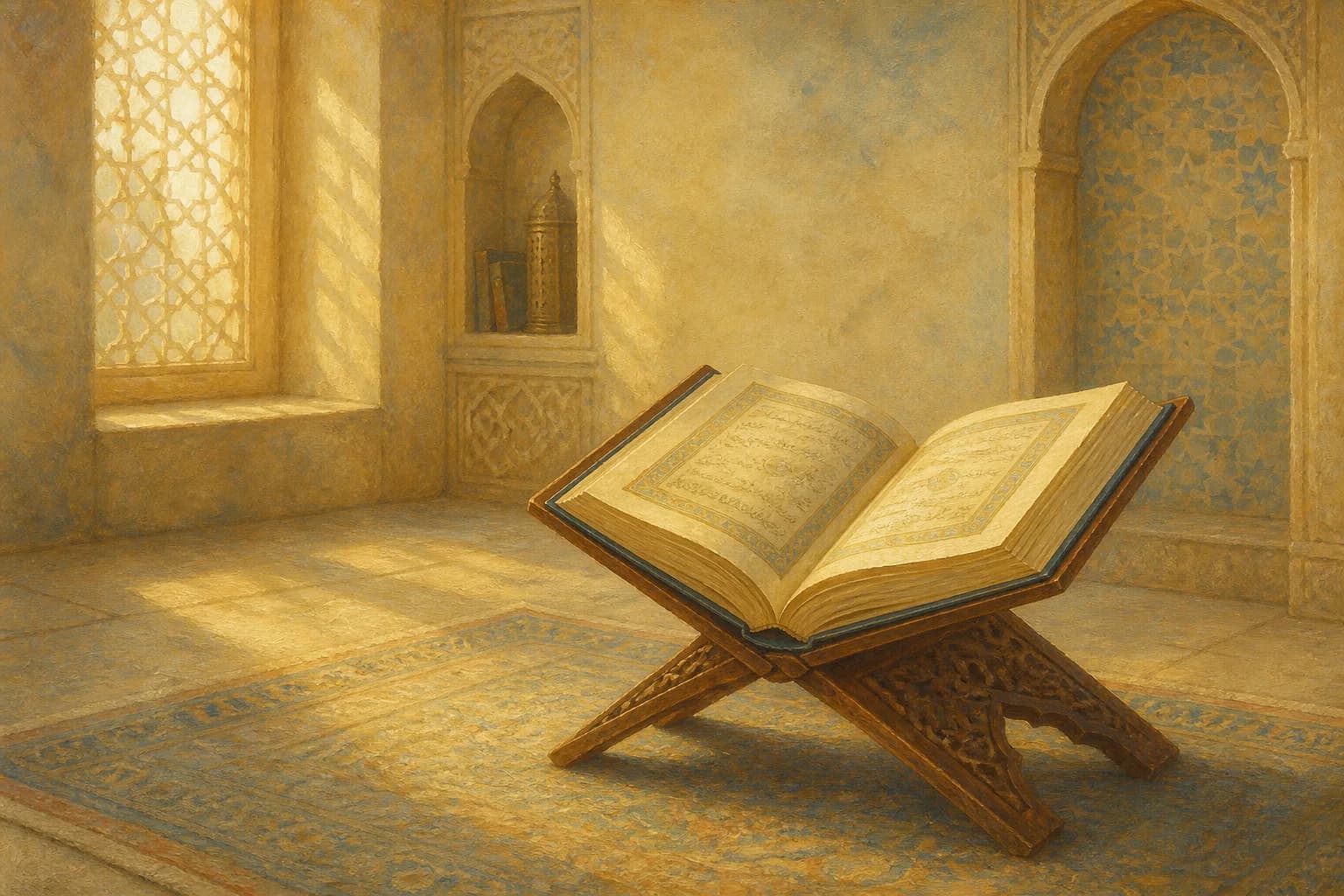 An open Qur'an resting on a wooden stand in a mosque study alcove