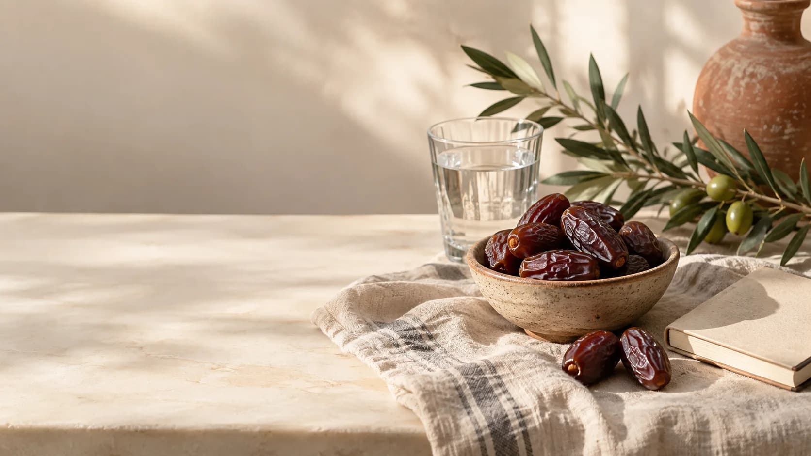 Dates, water and an olive branch on a cream table