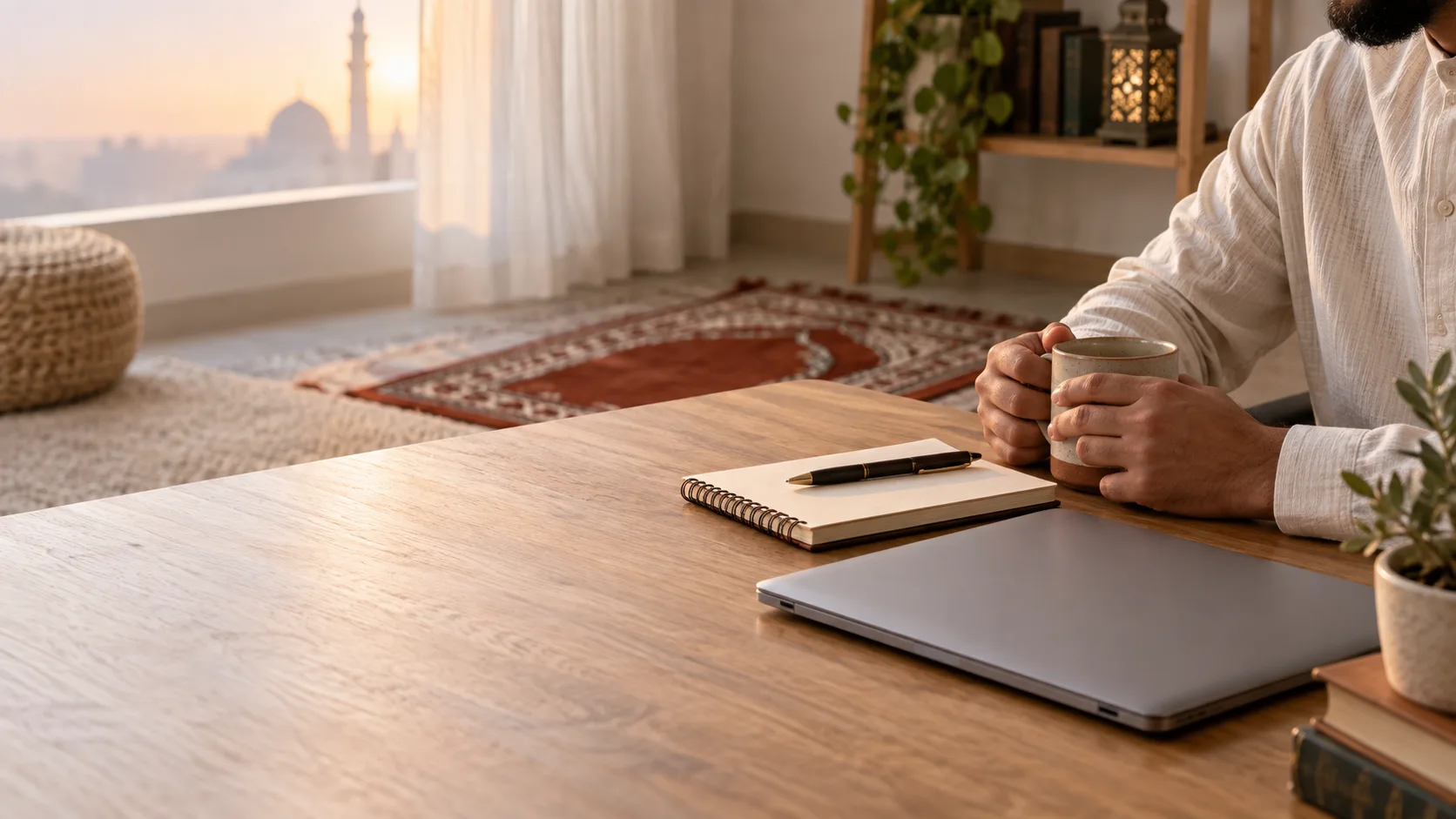 A quiet desk with a notebook, laptop and prayer mat nearby