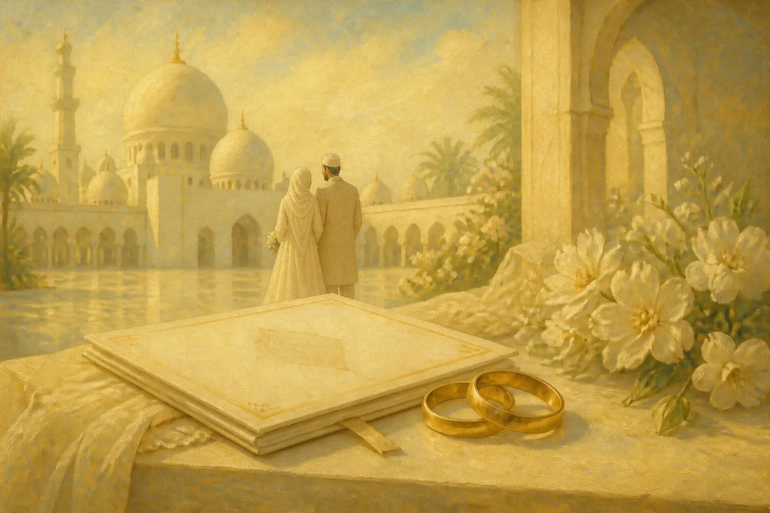 A newly married Muslim couple with wedding rings and a nikah folder