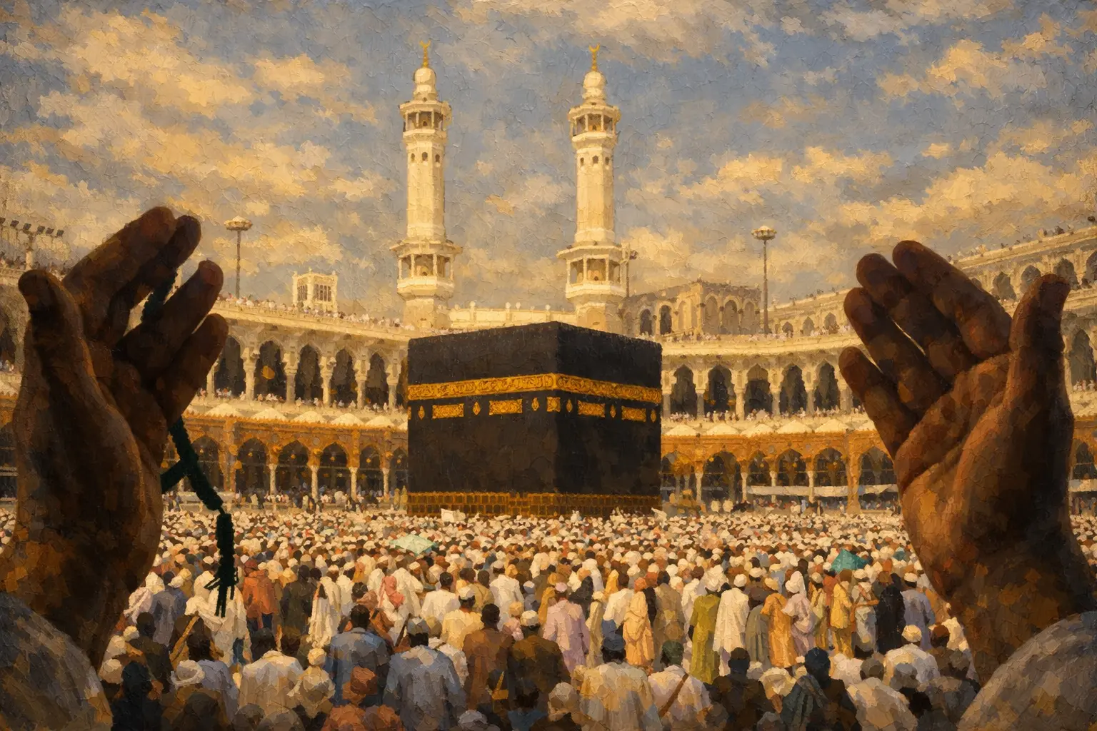 Oil painting of a serene mosque courtyard with a fountain at dawn.
