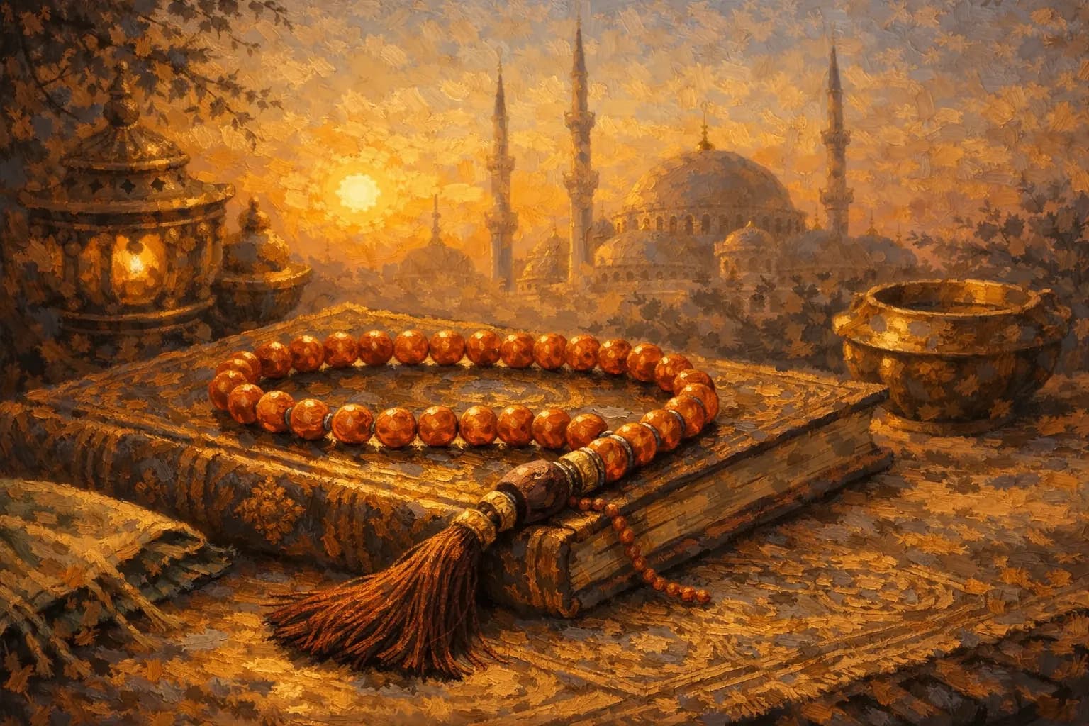 Oil painting of golden wheat fields beside a quiet marketplace.