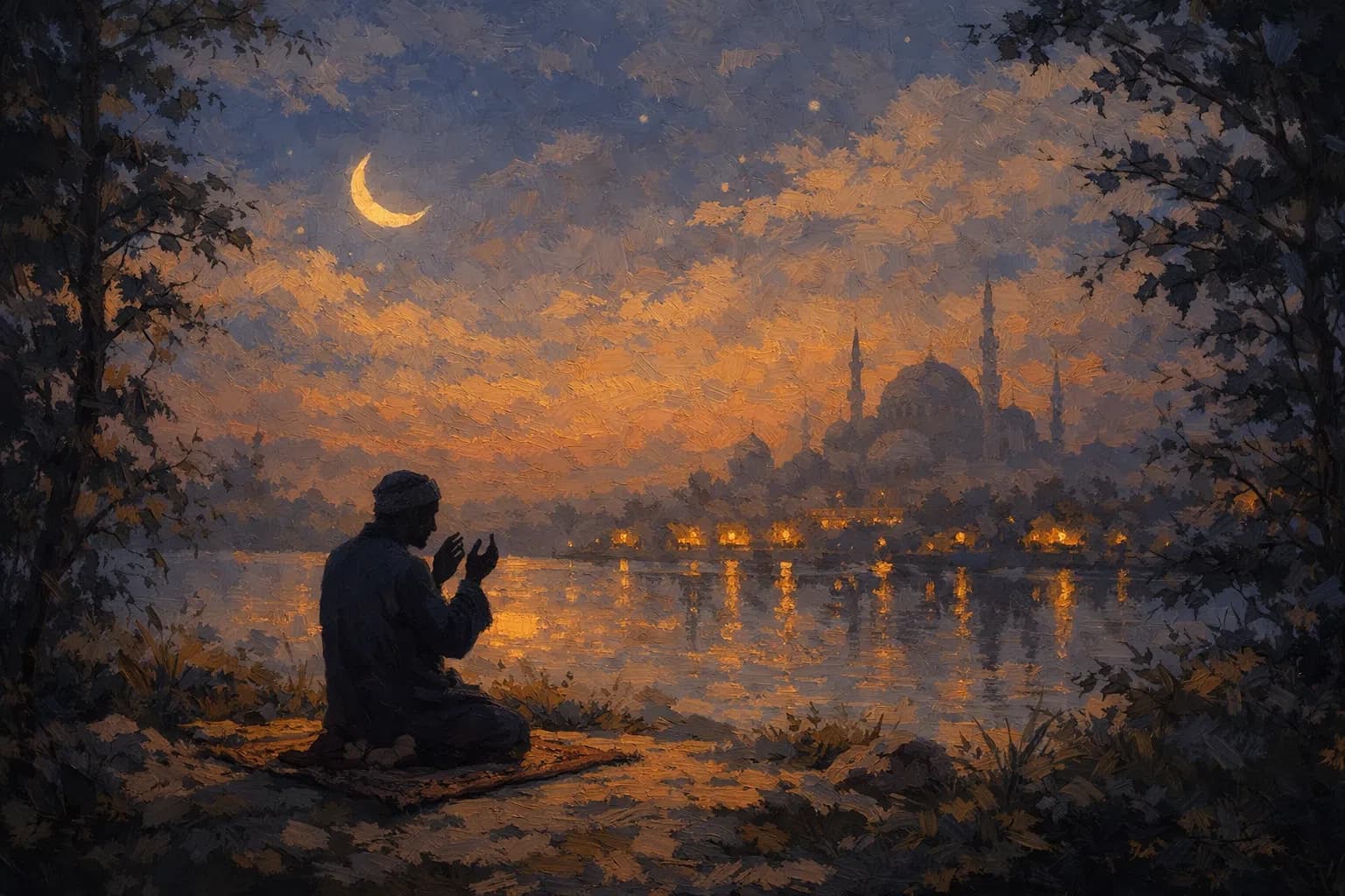 Oil painting of sunlit prayer rows before an arched mihrab at dawn.