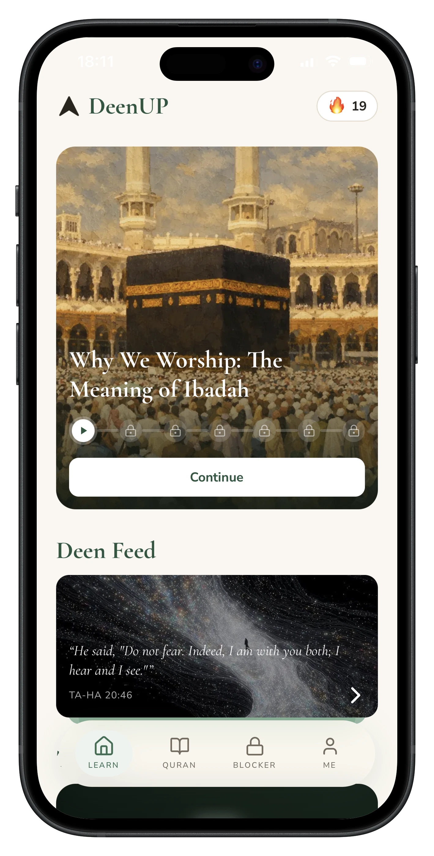 DeenUp app — a swipeable Learn feed of bite-sized, scholar-approved Islamic lessons